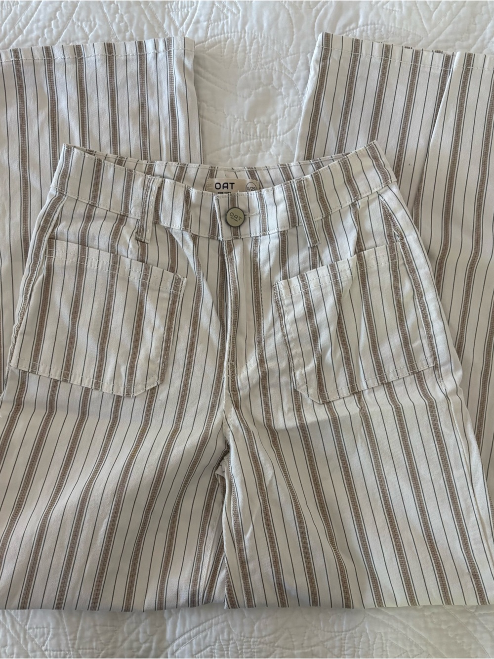 Oat New York Cream and Brown Striped Boot Cut Pants